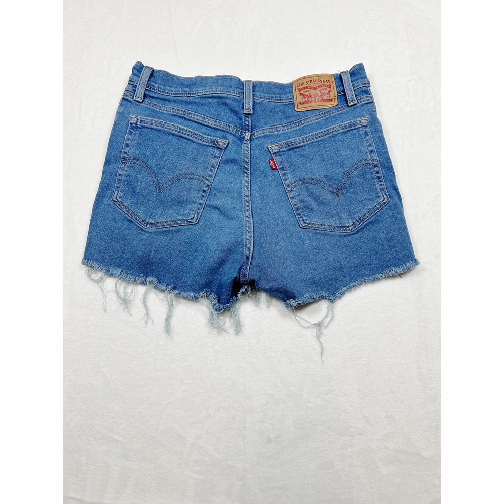 Levis High Rise Distressed Denim Shorts Medium Wash Blue Frayed Hem Size 30 - Picture 5 of 5